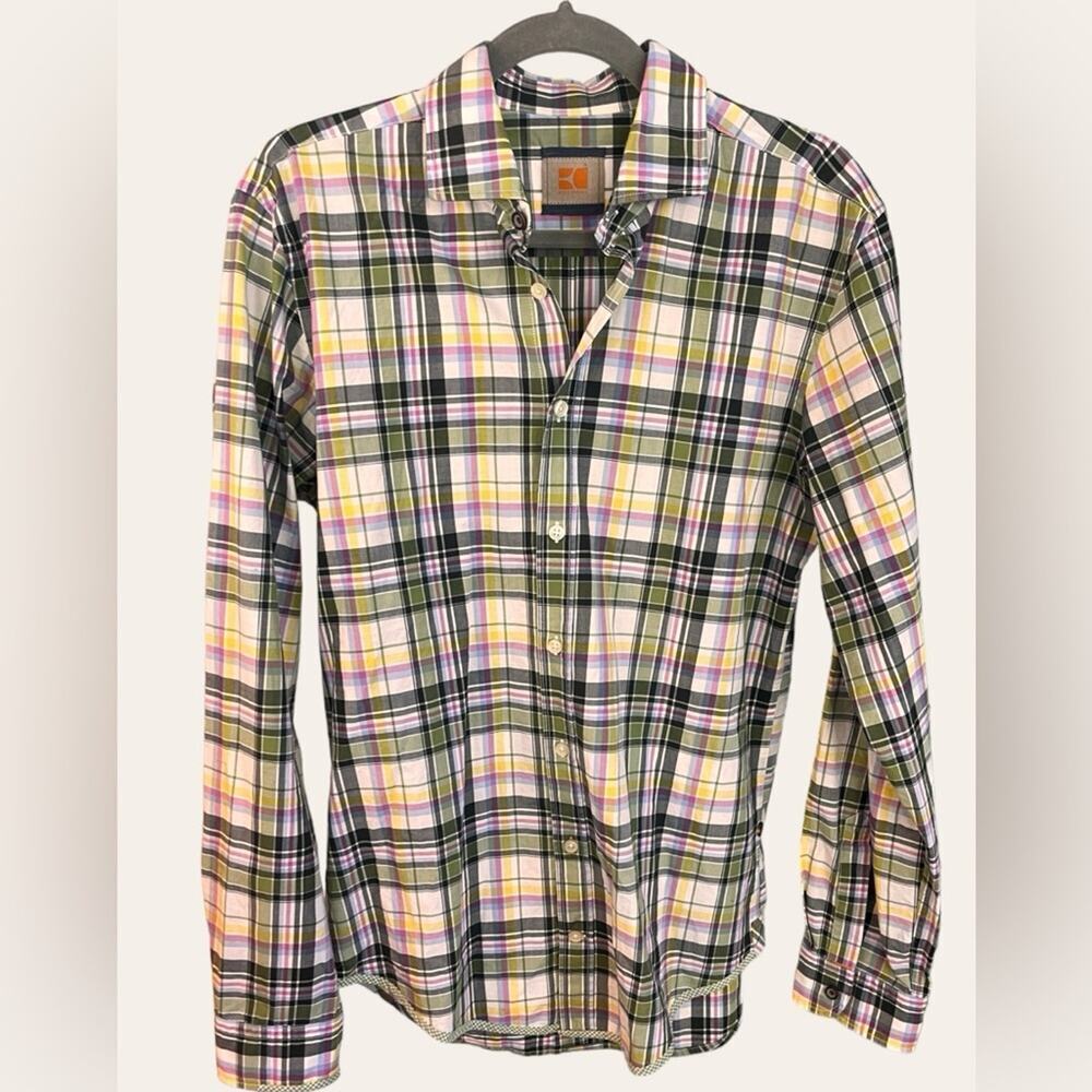 BOSS ORANGE Mens Madras Plaid Short Sleeve Button Down Shirt Medium